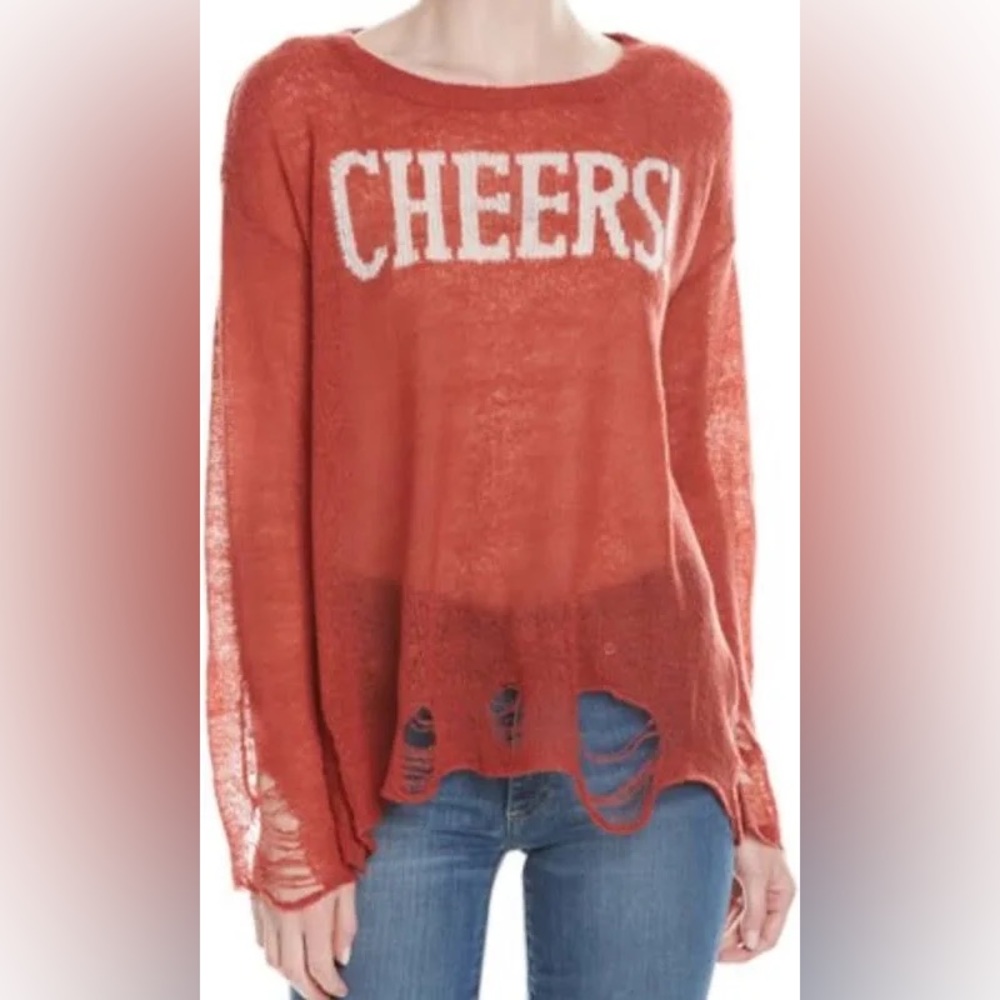 WILDFOX Couture White Label "CHEERS" Lenon Wool Distress Sweater Size XS